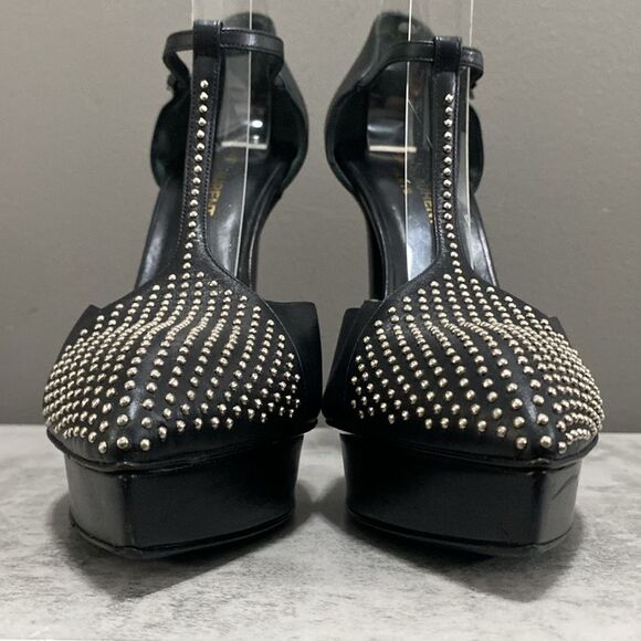 Saint Laurent Paris Black Leather Janis Studded T Strap Platform Pumps Size 37.5 - Picture 6 of 16